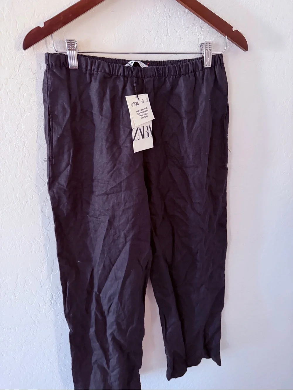 ZARA Men Black Elastic-Waist Linen-Blend Chinos